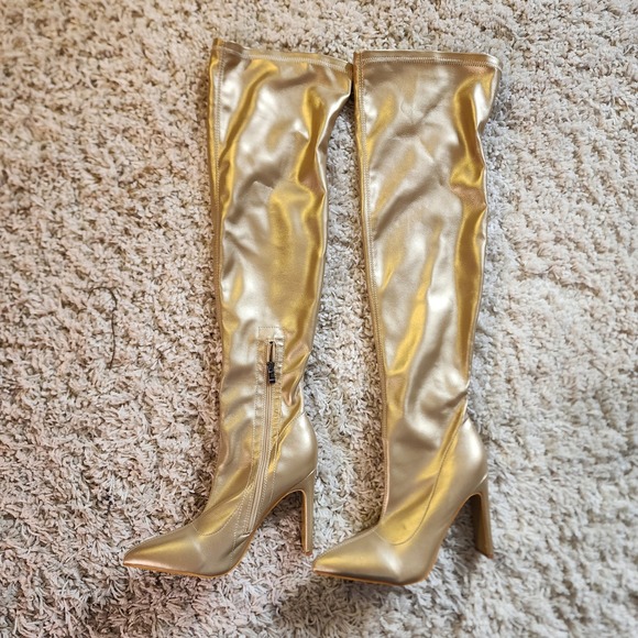 Gold Thigh High Boots Stiletto Heel Pointed Toe Over the Knee Party Shoes - Picture 1 of 9